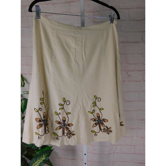 Carole Little Boho Linen Blend Beaded Floral A Line Skirt Size 8 - Picture 1 of 12